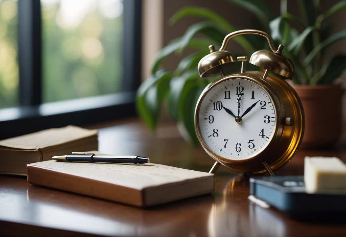 A table with a bottle of fiber supplements, a glass of water, and a clock showing morning and night time