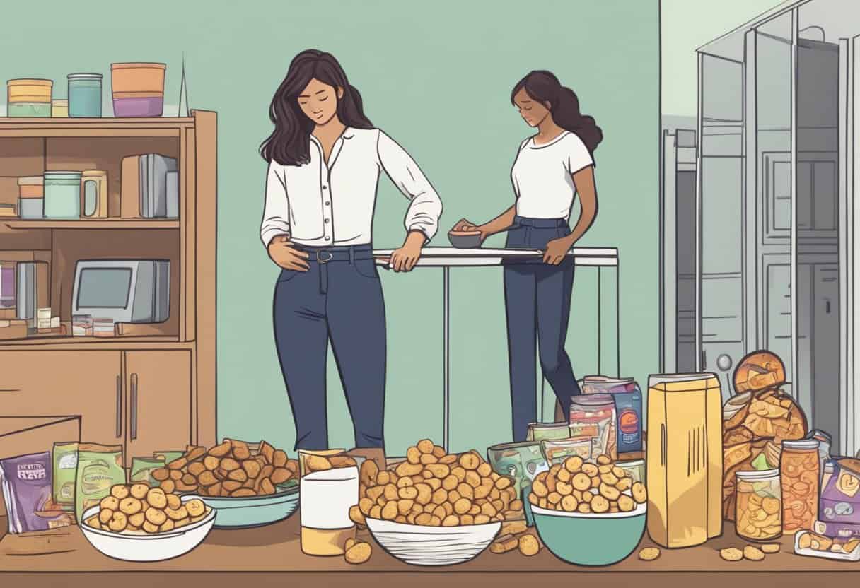 A woman's waistband snaps as she struggles to button her pants, a scale shows increasing numbers, and a pile of unhealthy snacks sits nearby