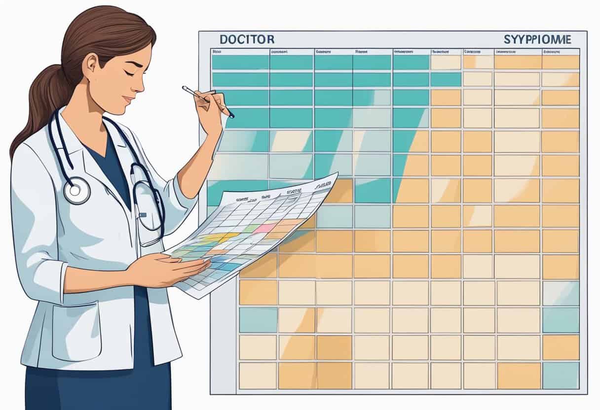 A doctor examines a chart of symptoms, a woman holds her abdomen in discomfort, while a calendar displays the passage of time