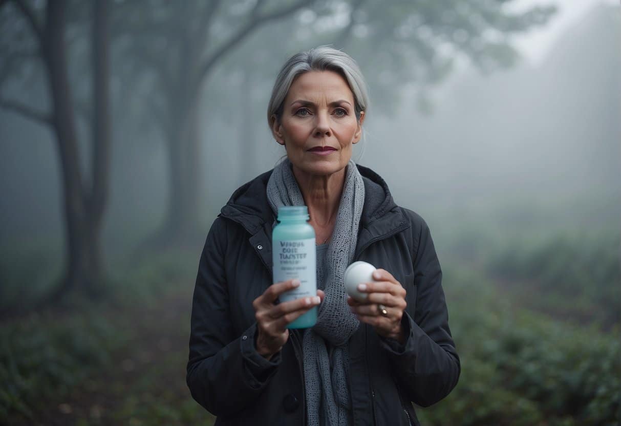 A woman surrounded by fog, holding a bottle of "menopause brain fog" supplement, with a clear and focused expression on her face